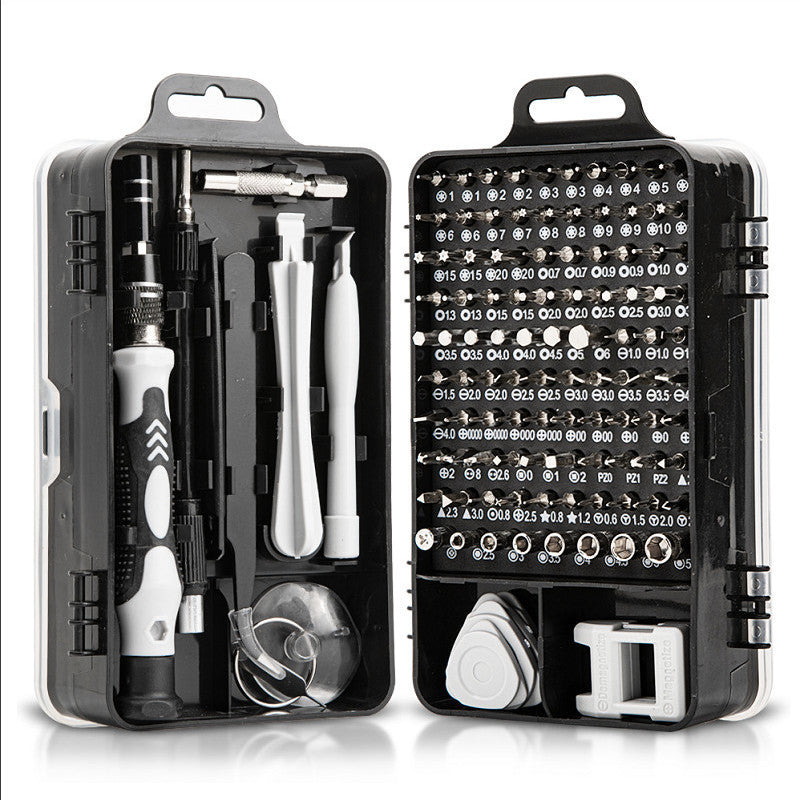 Screwdriver set with various bits and tools in a black case on a white background
