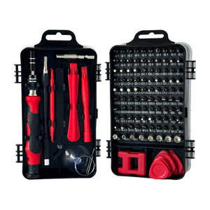 Set of screwdrivers and bits in black and red tool cases on a white background
