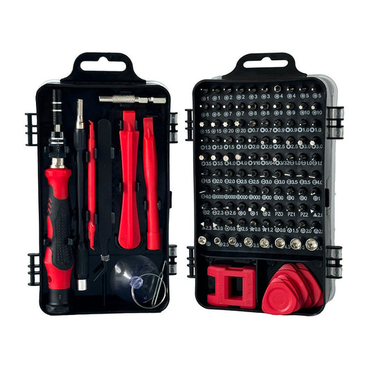 Set of screwdrivers and bits in black and red tool cases on a white background