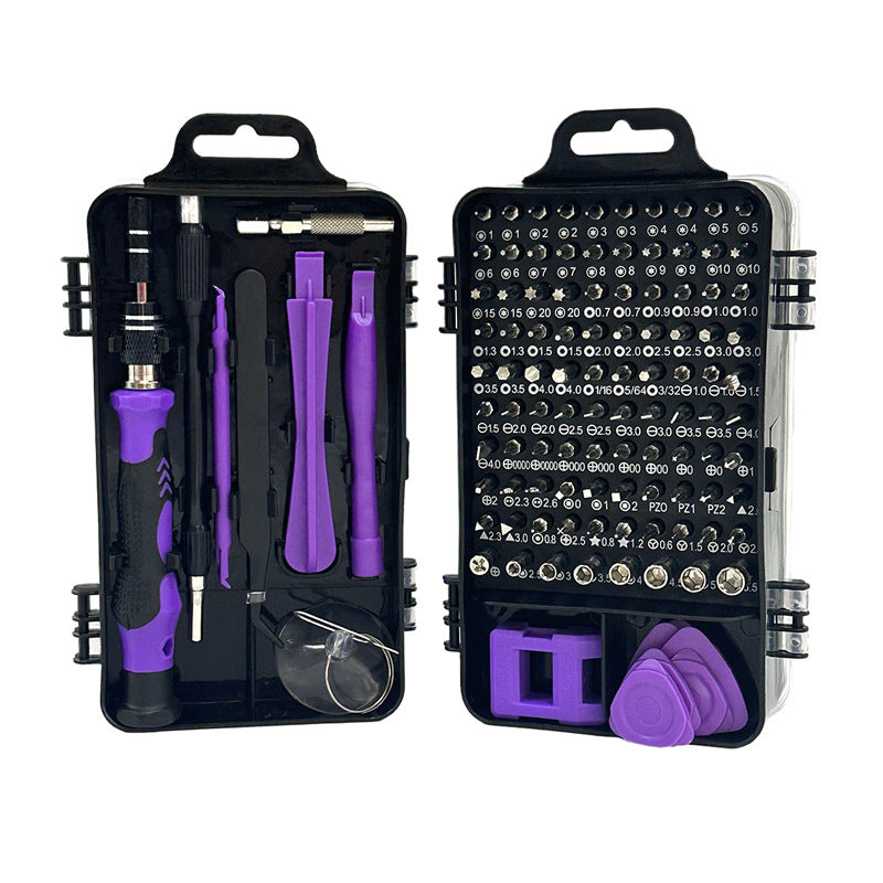 Open tool kit with purple tools and black case on a white background