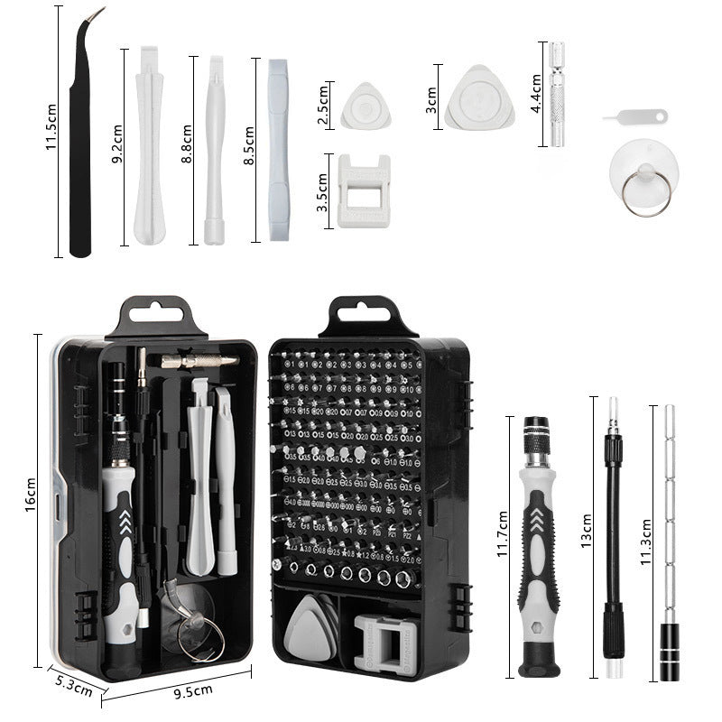 Set of precision tools including screwdrivers and tweezers with measurements on a white background