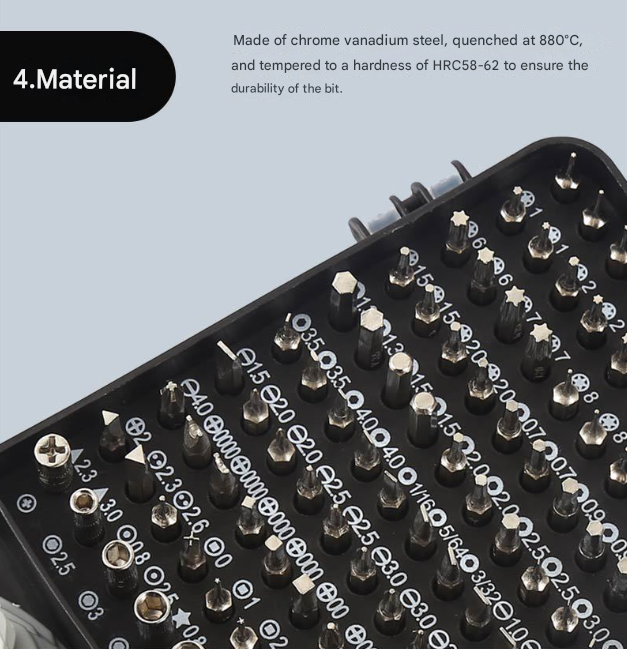 Set of screwdriver bits on a black tray with text about material properties.