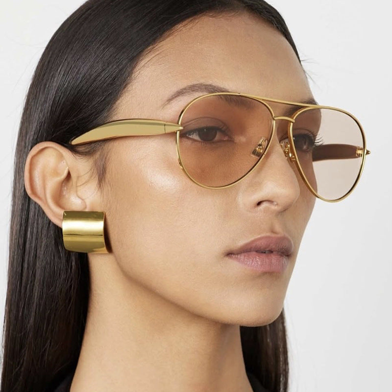 Style C5 Gold Frame Green Lenses Chic Oversized Aviator Sunglasses - Retro Metal Frame with UV400 Protection for Women