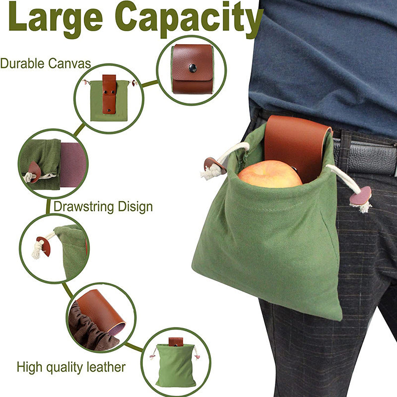 Khaki Collapsible Canvas Foraging Pouch - Hands-Free Belt Bag for Hiking & Camping Activities