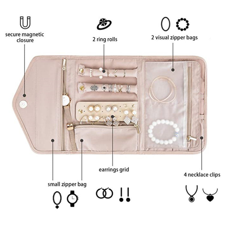 Pink Portable Jewelry Roll Bag Travel Organiser High - End Delicate Accessories Necklace Earring Ring Storage(Jewelry is not included) - Factory Direct Shop