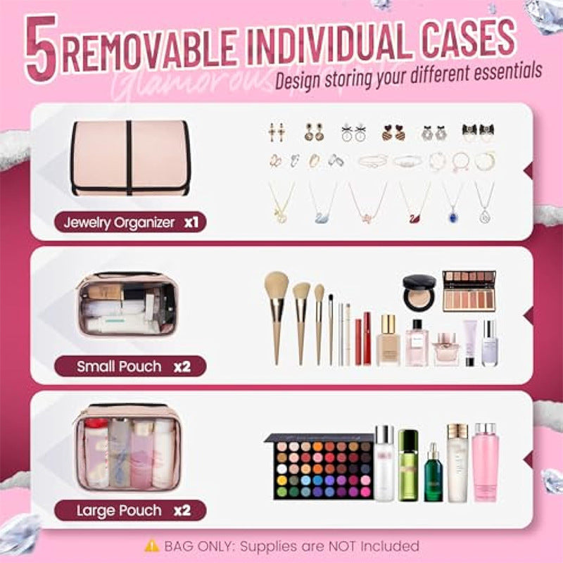 Large Capacity Travel Makeup Backpack with 5 Removable Organizer Cases & Jewelry Roll(pink)