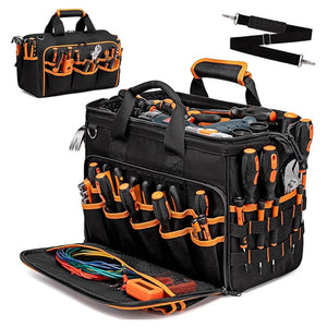 Black and orange tool bag with tools and accessories on a white background