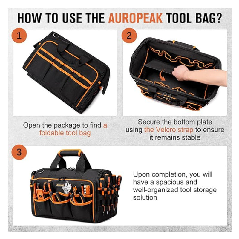 Step-by-step guide on how to use the Europeak tool bag with images and text.