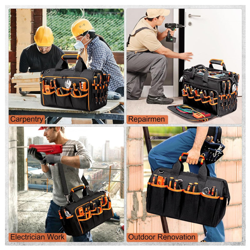 Collage of people using a tool bag in various work settings.