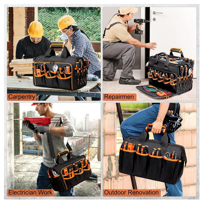 Collage of people using a tool bag in various work settings.