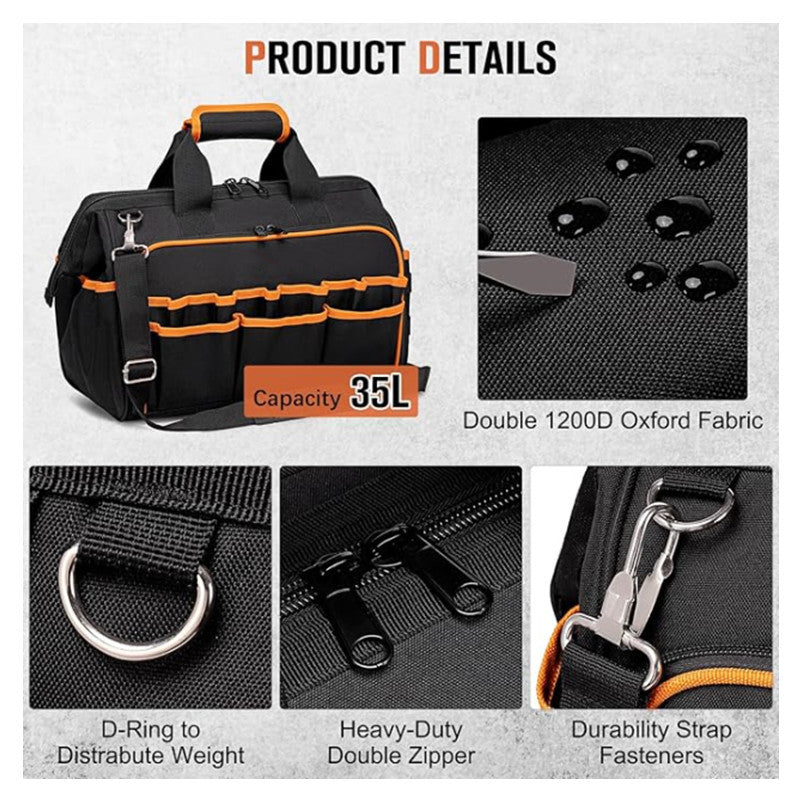 Black and orange tool bag with product details on a gray background