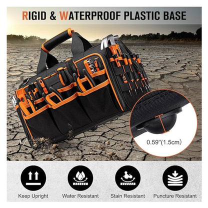 Tool bag with tools on a cracked earth background, emphasizing its rigidity and waterproof plastic base.