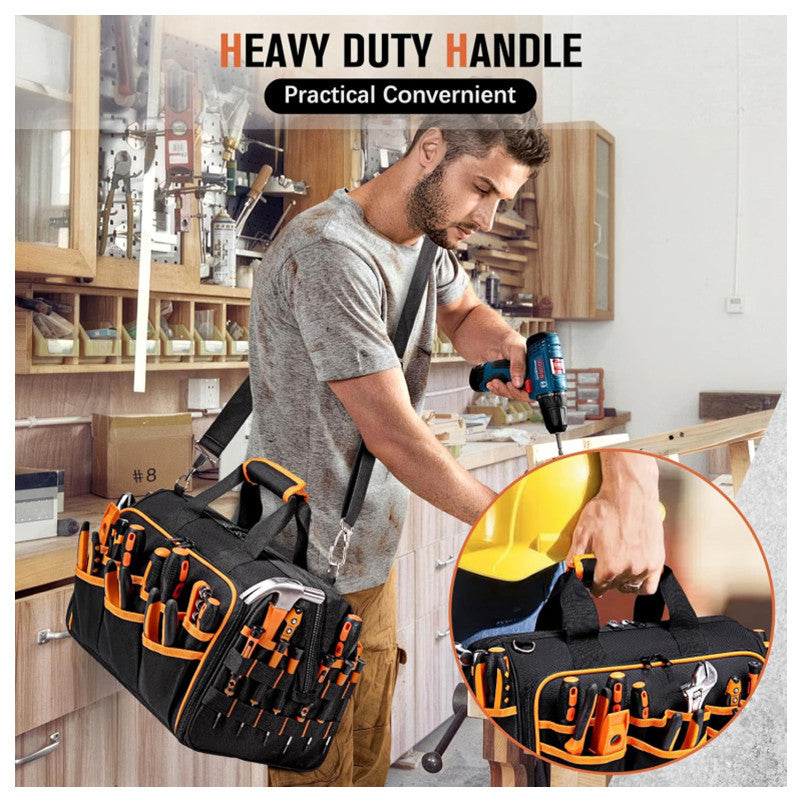 Man using a power drill with a tool bag labeled 'Heavy Duty Handle' in a kitchen setting.