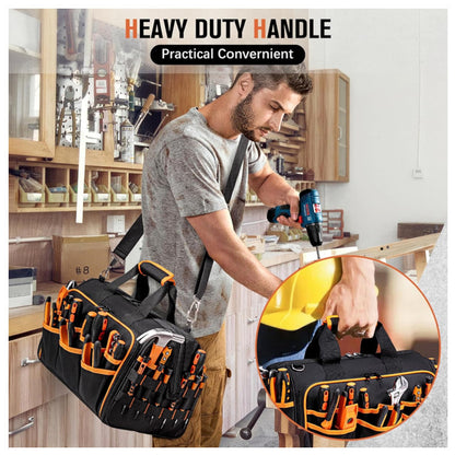 Man using a power drill with a tool bag labeled 'Heavy Duty Handle' in a kitchen setting.