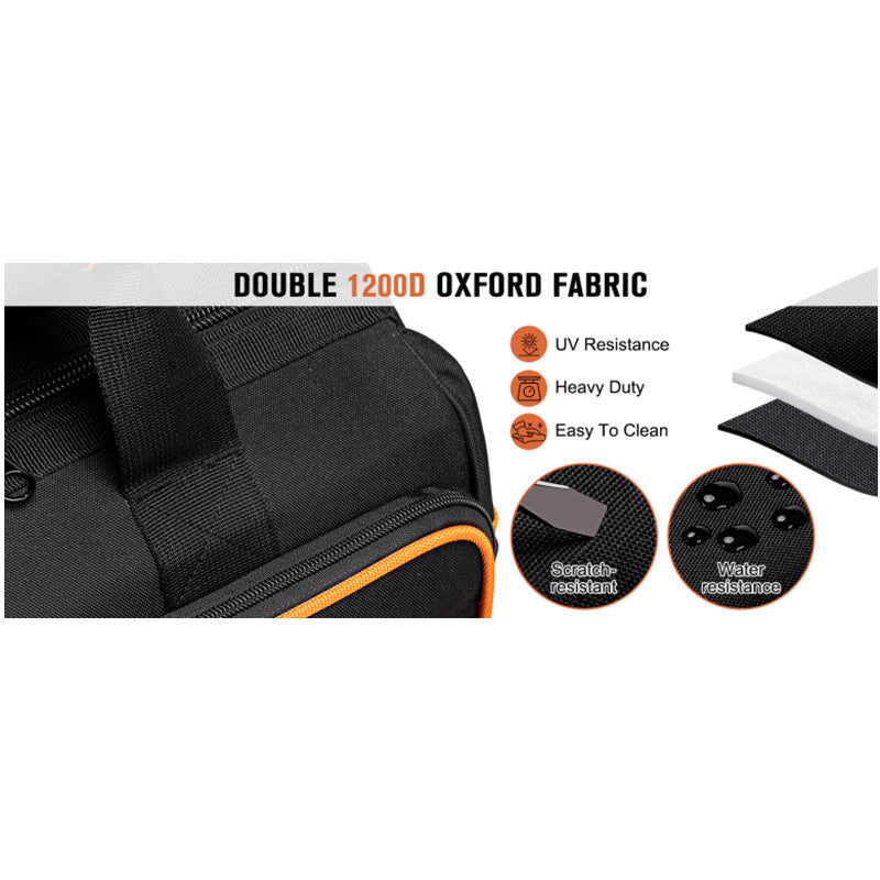 Black bag with orange accents and text about Double 1200D Oxford fabric properties on a white background.