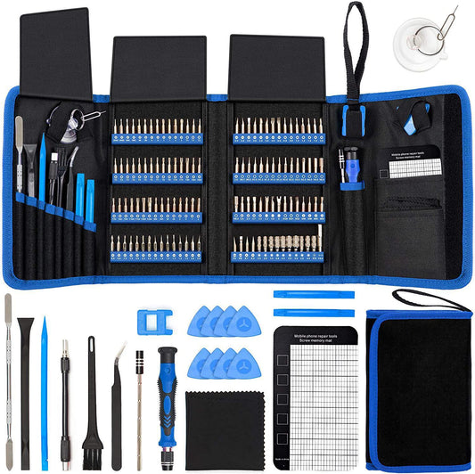 Open tool kit with various repair tools and accessories on a white background