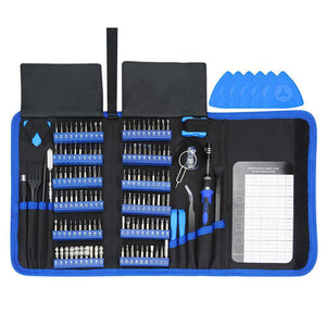 Blue and black tool kit with various compartments on a white background