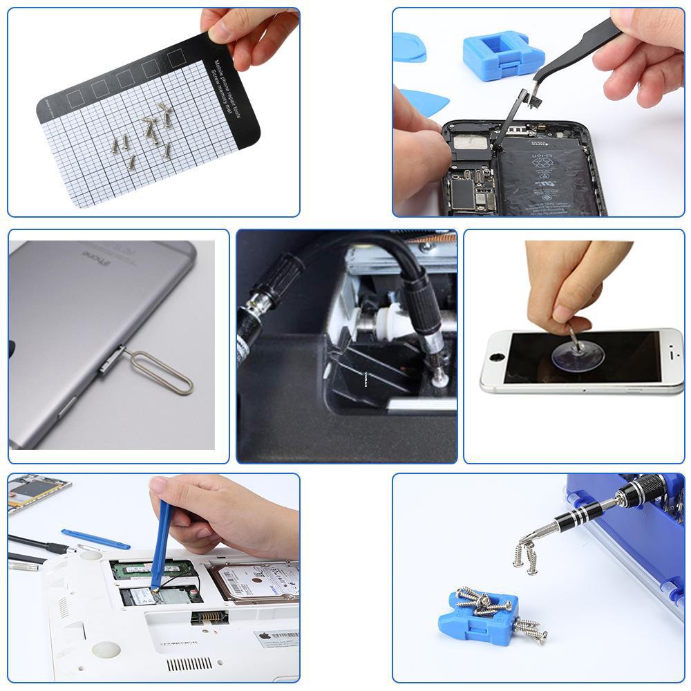 Collage of various tools and techniques used in electronic repair and maintenance.