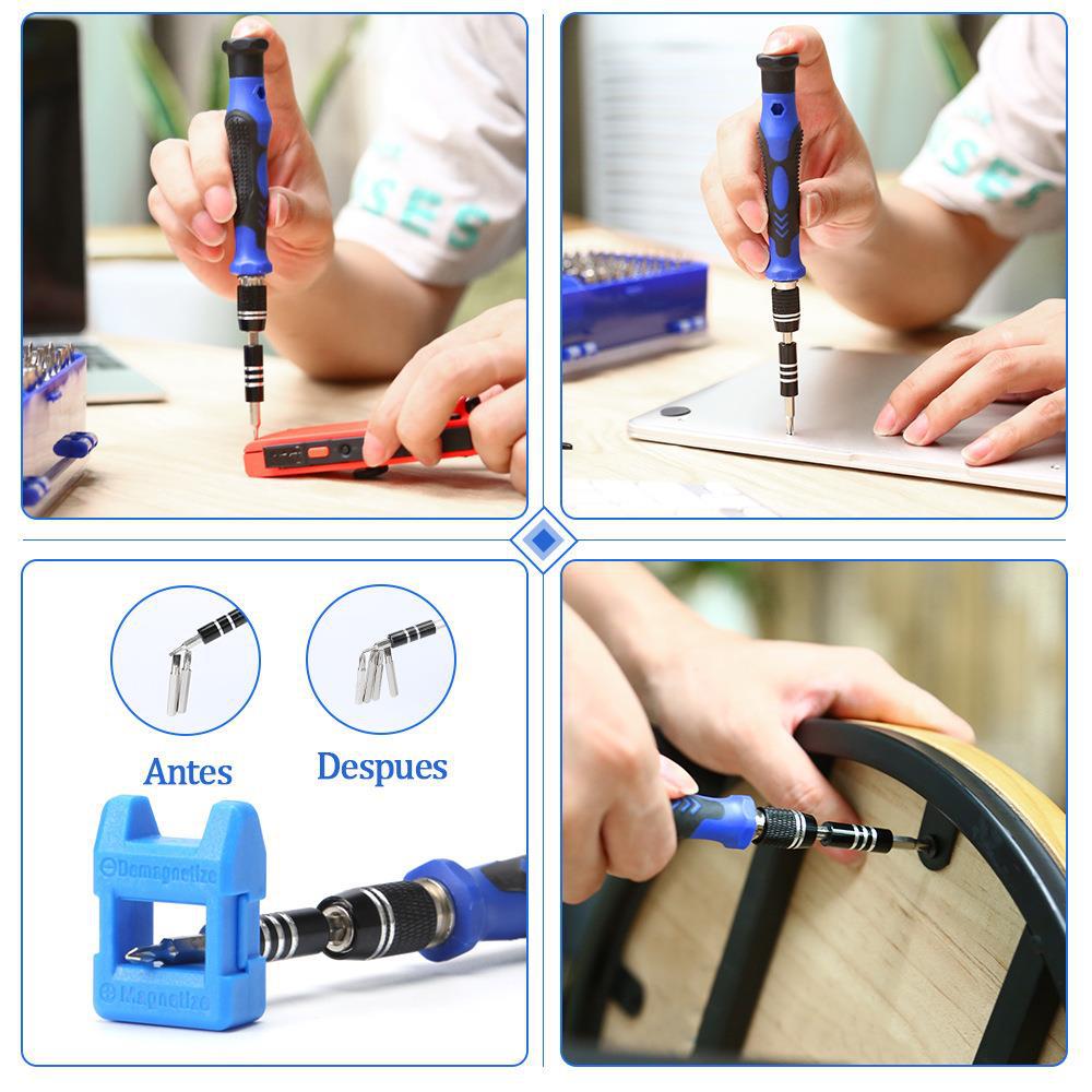 Blue screwdriver with interchangeable bits being used on a laptop, tablet, and steering wheel.