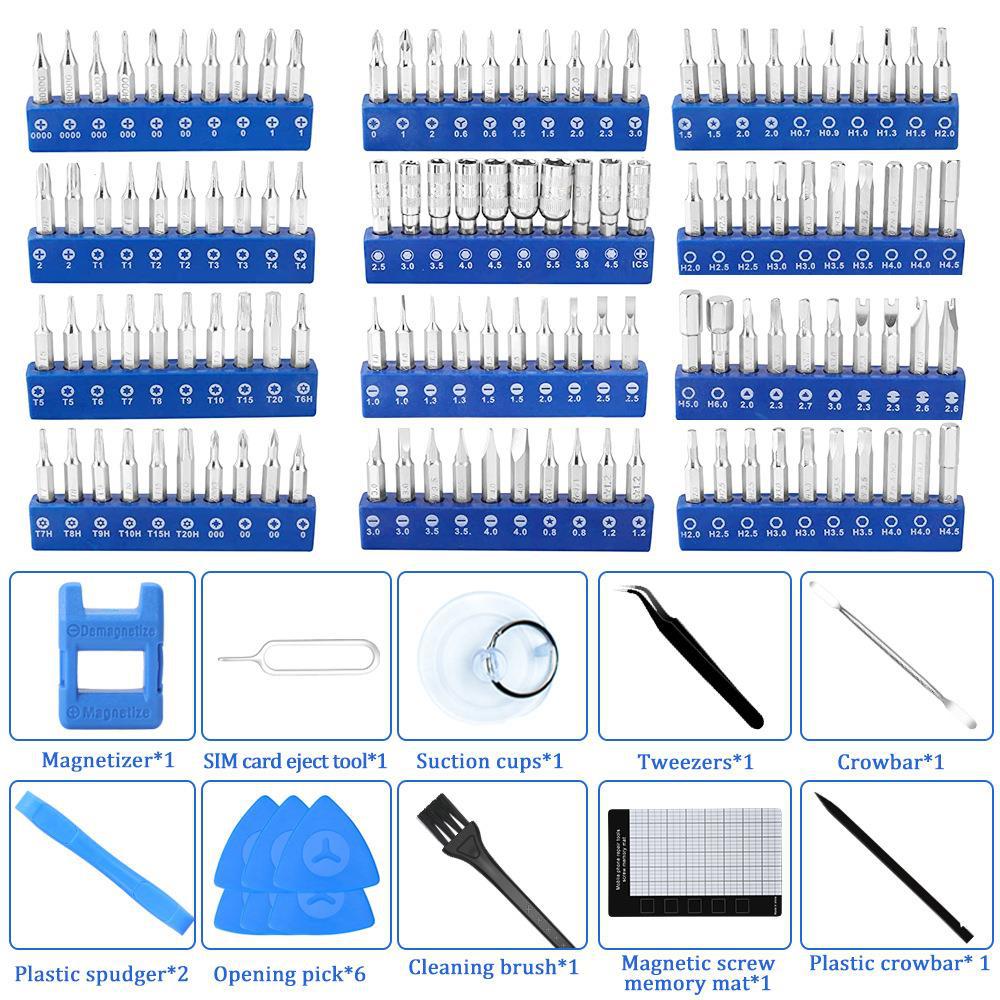 Set of repair tools with various components displayed on a blue background