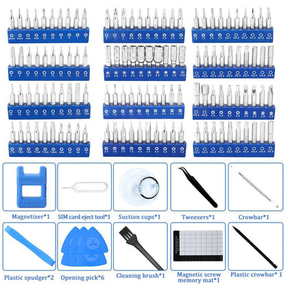 Set of repair tools with various components displayed on a blue background