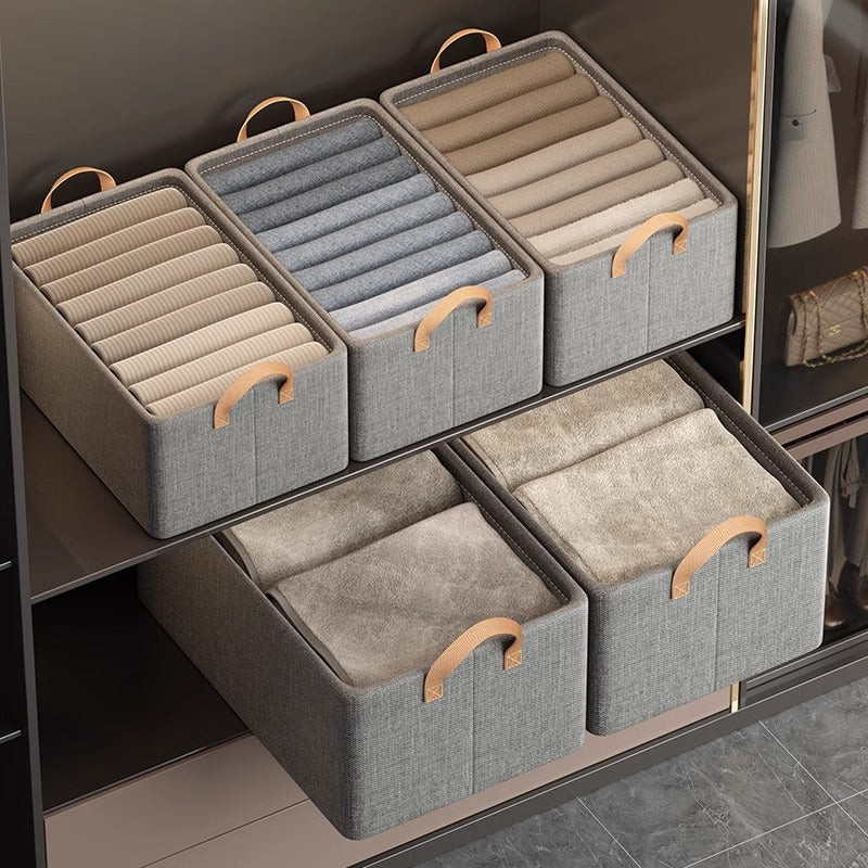 2pc Foldable Fabric Storage Bin with Steel Frame & Handles - 26L Stackable Closet Organizer(Khaki)