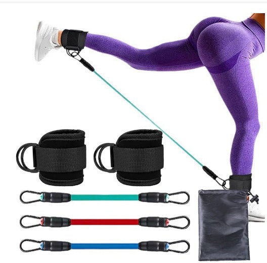 Weight Lifting Ankle Straps with Resistance bands with black handles and colourful ends, shown with a person exercising.