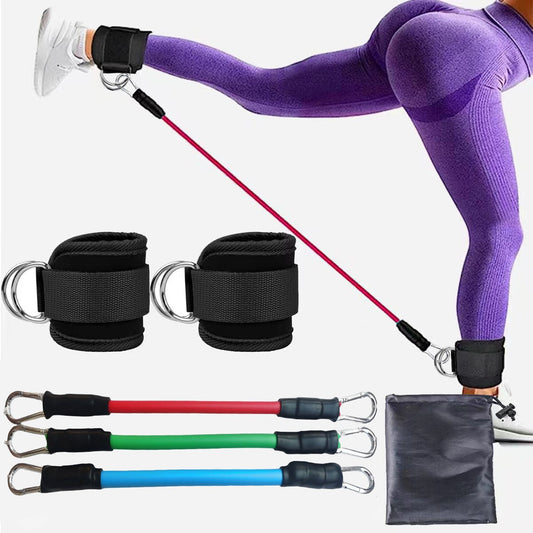 Weight Lifting Ankle Straps with handles and a carrying bag on a white background