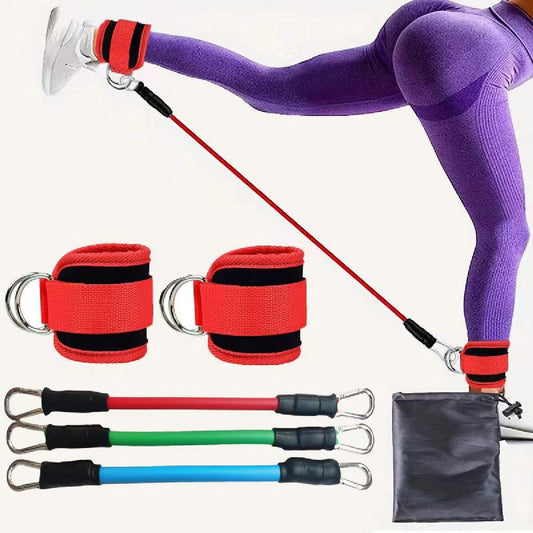 Person using Weight Lifting Ankle Straps resistance bands with various colored bands and a carrying case on a white background