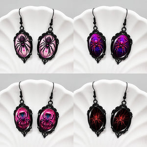 (Assorted 4-Pair Set) Gothic Spider Dangle Earrings - Vintage Black Frame Halloween Jewelry