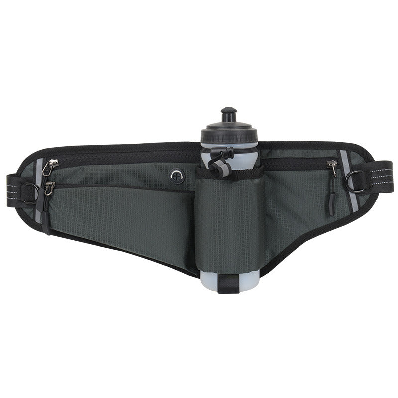 Dark Grey Adjustable Running Waist Pack with Water Bottle Holder, Reflective Design, and Multiple Storage Pockets for Outdoor Activities