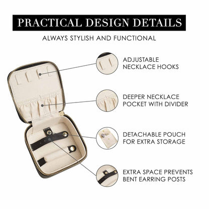 Black "Small But Mighty" Leather Jewelry Box - Portable Organizer for Earrings, Necklaces, Rings & More (4x4x2 inches)