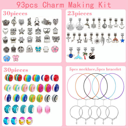 93 Piece DIY Charm Bracelet and Necklace Making Kit for Girls Creative Jewelry Craft Set with Rainbow Beads and Silver Pendants Ideal Kids Gift