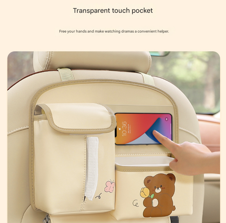 Pink Cute Bear Car Back Seat Organiser PU Leather Hanging Storage Pouch with Tissue Box Holder and Umbrella Strap Universal Travel Accessory