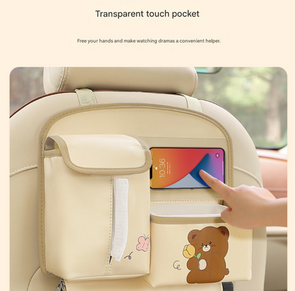 Pink Cute Bear Car Back Seat Organiser PU Leather Hanging Storage Pouch with Tissue Box Holder and Umbrella Strap Universal Travel Accessory