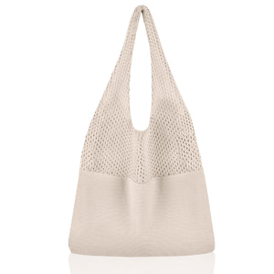 Beige Women's Large Mesh Beach Tote Bag Boho Crochet Shoulder Shopper Reusable Eco Grocery Net Bag for Summer Travel and Markets - Factory Direct Shop
