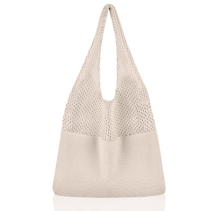 Beige Women's Large Mesh Beach Tote Bag Boho Crochet Shoulder Shopper Reusable Eco Grocery Net Bag for Summer Travel and Markets - Factory Direct Shop