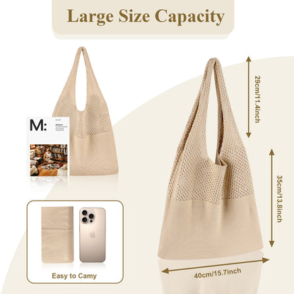 Beige Women's Large Mesh Beach Tote Bag Boho Crochet Shoulder Shopper Reusable Eco Grocery Net Bag for Summer Travel and Markets - Factory Direct Shop
