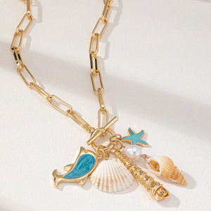 Gold Tone Paperclip Chain Toggle Necklace with Ocean Charms Dolphin Starfish and Seashell Pendant for Summer Beach Holiday - Factory Direct Shop
