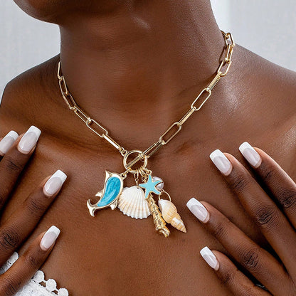 Gold Tone Paperclip Chain Toggle Necklace with Ocean Charms Dolphin Starfish and Seashell Pendant for Summer Beach Holiday - Factory Direct Shop