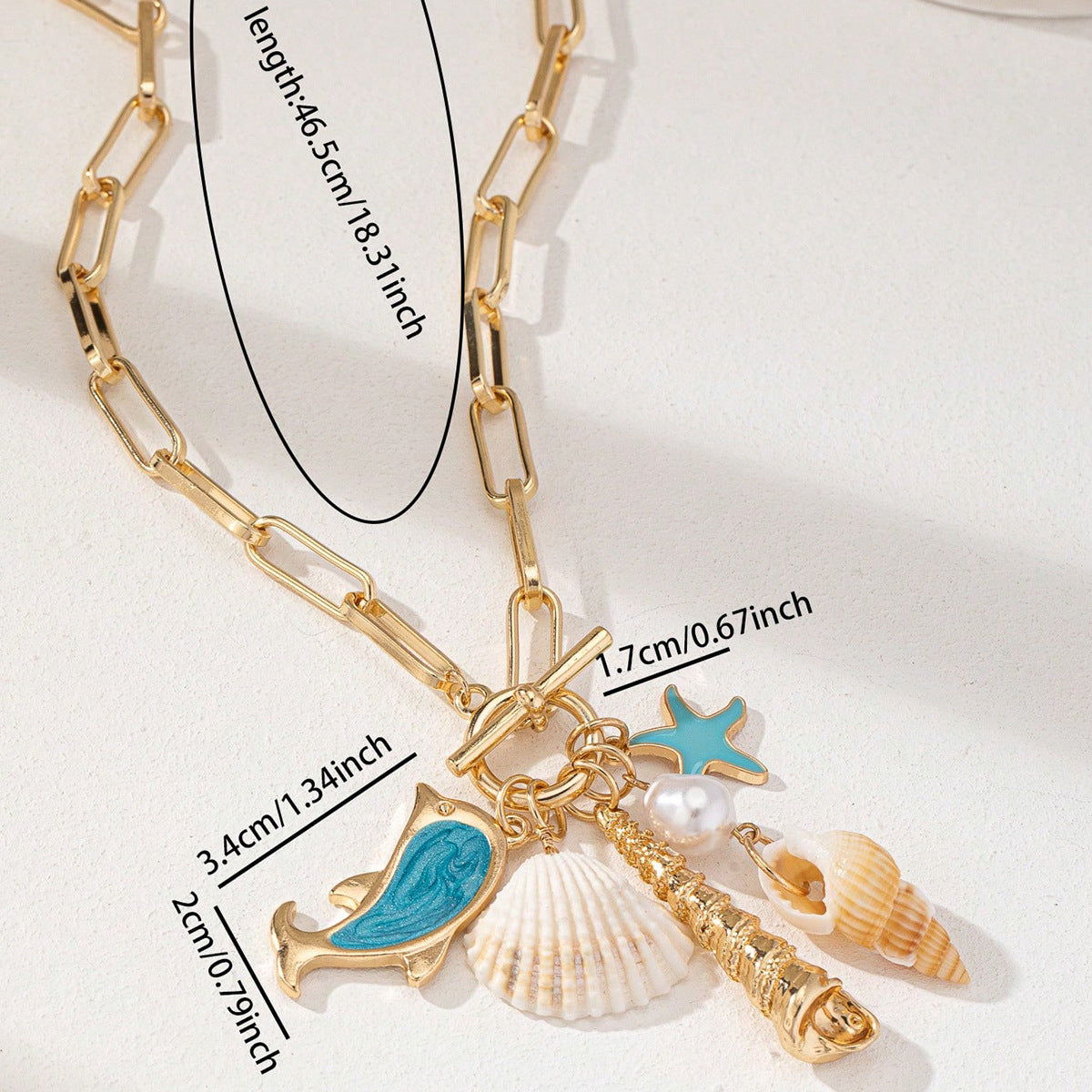 Gold Tone Paperclip Chain Toggle Necklace with Ocean Charms Dolphin Starfish and Seashell Pendant for Summer Beach Holiday - Factory Direct Shop