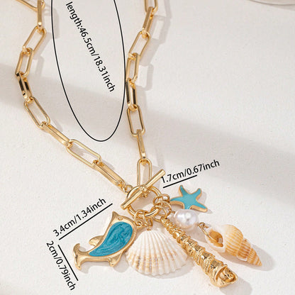 Gold Tone Paperclip Chain Toggle Necklace with Ocean Charms Dolphin Starfish and Seashell Pendant for Summer Beach Holiday - Factory Direct Shop