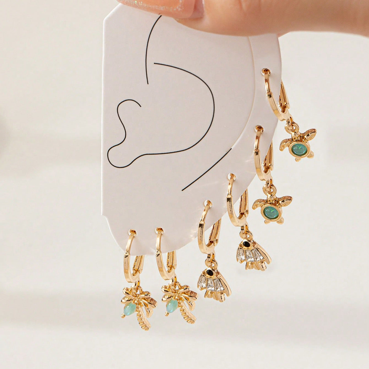 3 Pair Gold Tone Huggie Hoop Earrings Set Tropical Palm Tree Sea Turtle and Fish Charms Beach Holiday Jewellery for Women