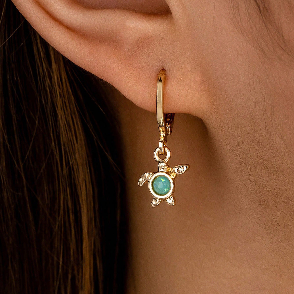 3 Pair Gold Tone Huggie Hoop Earrings Set Tropical Palm Tree Sea Turtle and Fish Charms Beach Holiday Jewellery for Women