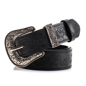 Black Women's Western Style Embossed Belt 2 Pack Vintage PU Leather Waistband with Antique Silver Buckle for Jeans and Dresses Y2K Fashion - Factory Direct Shop