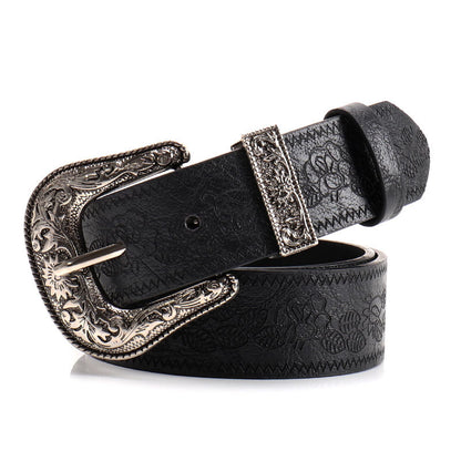 Black Women's Western Style Embossed Belt 2 Pack Vintage PU Leather Waistband with Antique Silver Buckle for Jeans and Dresses Y2K Fashion - Factory Direct Shop