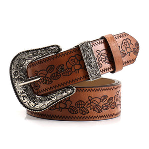Brown Women's Western Style Embossed Belt 2 Pack Vintage PU Leather Waistband with Antique Silver Buckle for Jeans and Dresses Y2K Fashion - Factory Direct Shop