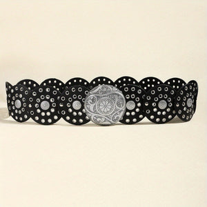 Women's Y2K Vintage Style Wide Waist Belt Black Faux Leather Disc Linked Grommet Studded with Engraved Western Buckle for Jeans and Festivals - Factory Direct Shop