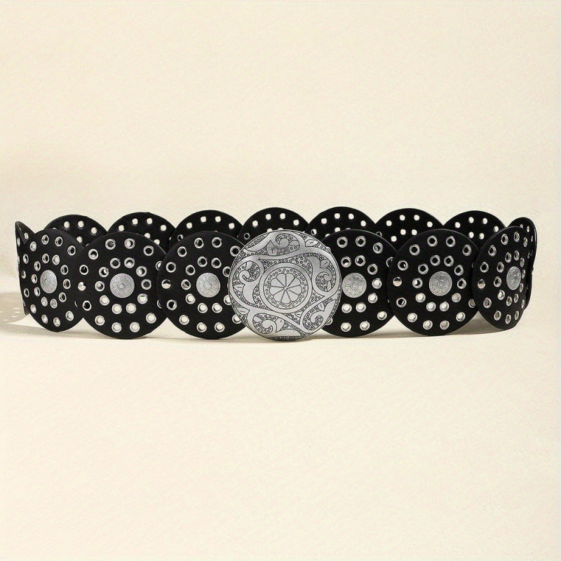 Women's Y2K Vintage Style Wide Waist Belt Black Faux Leather Disc Linked Grommet Studded with Engraved Western Buckle for Jeans and Festivals - Factory Direct Shop