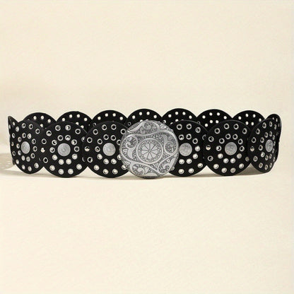 Women's Y2K Vintage Style Wide Waist Belt Black Faux Leather Disc Linked Grommet Studded with Engraved Western Buckle for Jeans and Festivals - Factory Direct Shop